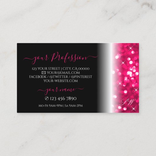 Stijlvolle zwarte roze mousserende glitter-afbeeld visitekaartje (Achterkant)