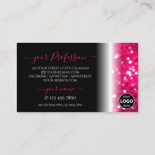 Stijlvolle zwarte roze mousserende glitter Logo to Visitekaartje (Achterkant)