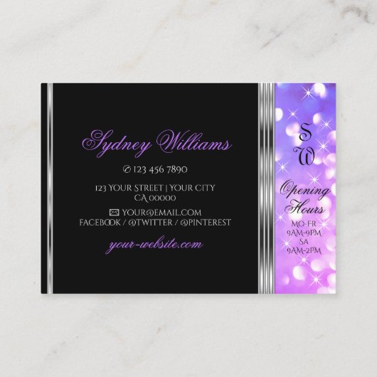 Stijlvolle zwarte roze Paarse glitter Initialen Zi Visitekaartje (Achterkant)