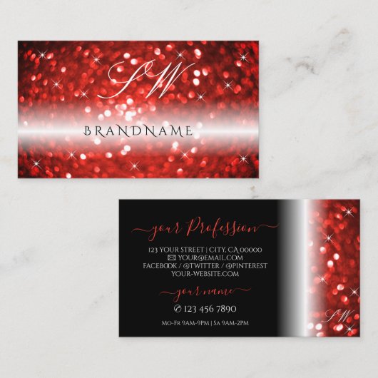 Stijlvolle zwarte sparkle Glitter Monogram Modern Visitekaartje (Voorkant / Achterkant)