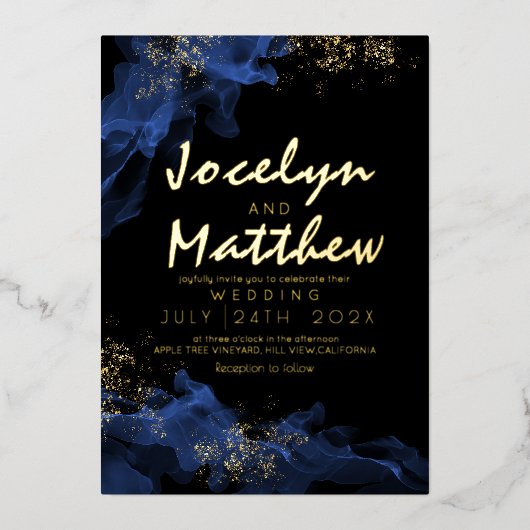 Stijlvolle zwarte stoffige blauwe Waterverf bruilo Folie Uitnodiging (Voorkant)