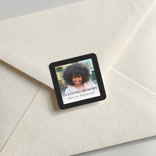 Stijlvolle Zwarte Vierkante Foto Rouwkaart Sticker