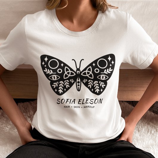 Stijlvolle zwarte vlinder merk salon uniform t-shirt
