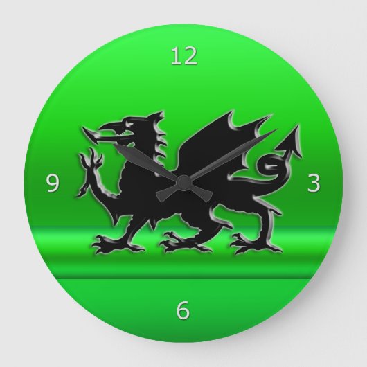 Stijlvolle zwarte welsh draak, groen metalen effec grote klok (Voorkant)