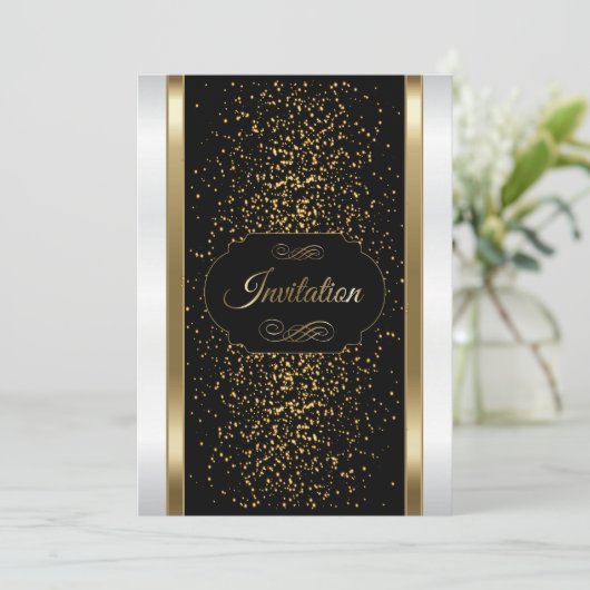 Stijlvolle zwarte, witte en gouden uitnodiging (Staand voorkant)