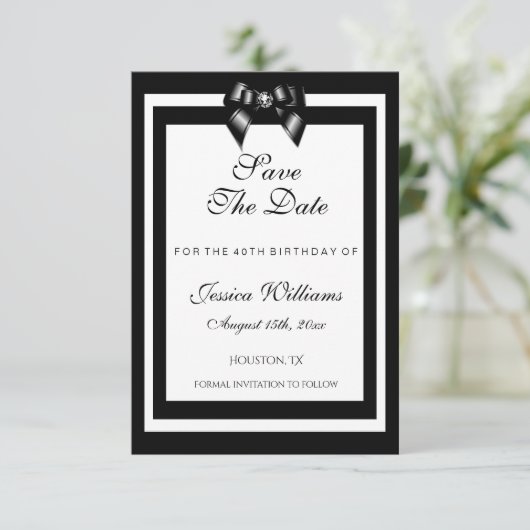 Stijlvolle zwarte & witte feestdag save the date (Staand voorkant)