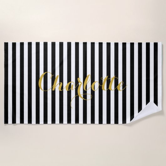 Stijlvolle zwarte witte gestreepte handdoek met uw (Voorkant)