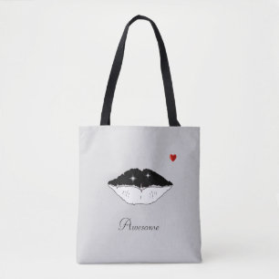 Stijlvolle zwarte & witte lippen & kalligrafie op tote bag