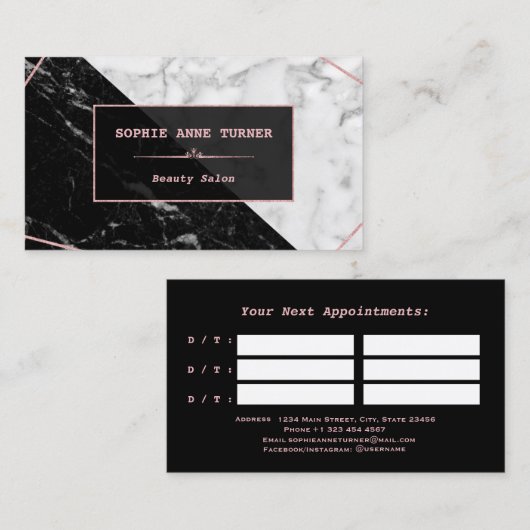 Stijlvolle zwarte witte marmer Gold Roos Benoeming Afsprakenkaartje (Voorkant / Achterkant)