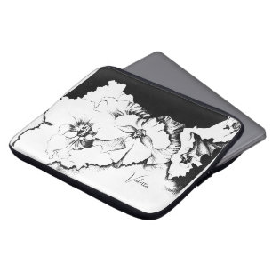 Stijlvolle Zwarte & Witte Originele Stipple Bloemk Laptop Sleeve