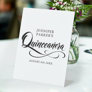 Stijlvolle zwarte witte Quinceanera kalligrafie sc Reclamebord Met Voetstuk