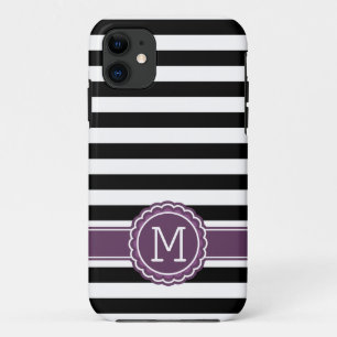 Stijlvolle zwarte witte strepen Paarse monogram Case-Mate iPhone Case