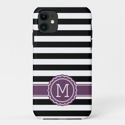 Stijlvolle zwarte witte strepen Paarse monogram Case-Mate iPhone Case (Achterkant)