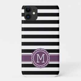 Stijlvolle zwarte witte strepen Paarse monogram Case-Mate iPhone Case