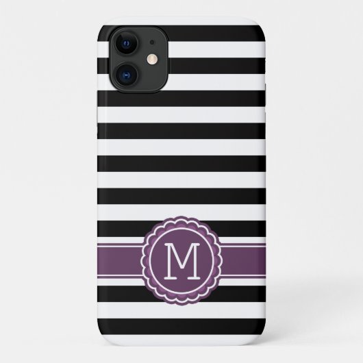 Stijlvolle zwarte witte strepen Paarse monogram Case-Mate iPhone Case (Achterkant)