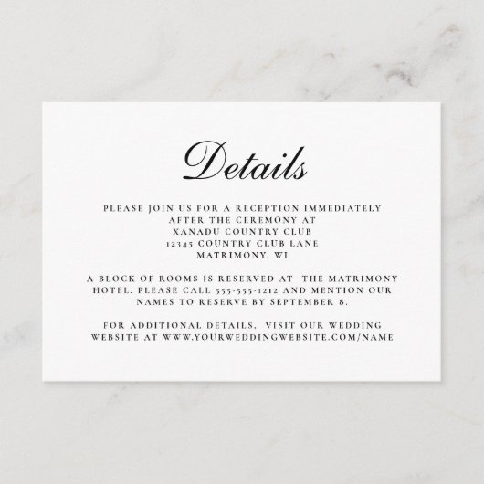 Stijlvolle zwarte witwaswedstrijd - Details Informatiekaartje (Voorkant)