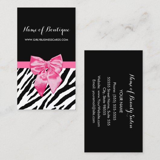 Stijlvolle zwarte zebra print Girly Hot Pink Ribbo Visitekaartje (Voorkant / Achterkant)