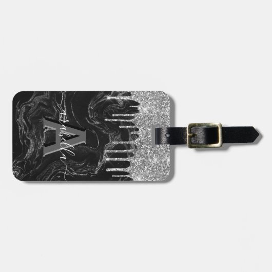 Stijlvolle zwarte zilver Glitter Monogram Bagagelabel (Voorkant horizontaal)