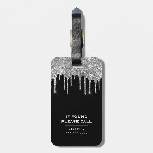 Stijlvolle zwarte zilver Glitter Monogram Bagagelabel (Achterkant verticaal)