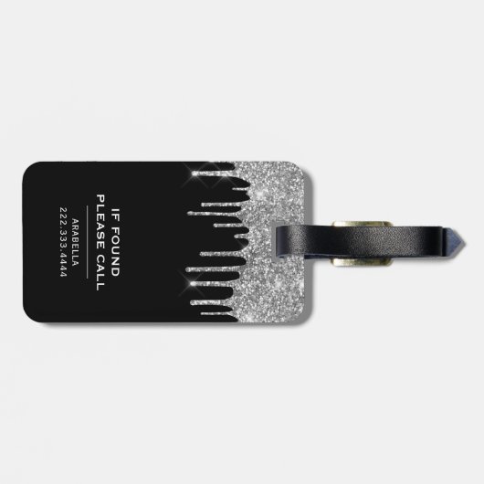 Stijlvolle zwarte zilver Glitter Monogram Bagagelabel (Achterkant horizontaal)