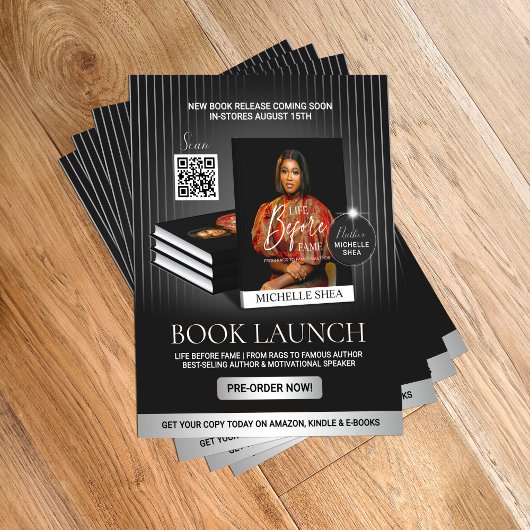 Stijlvolle zwarte & zilveren auteursboekrelease flyer