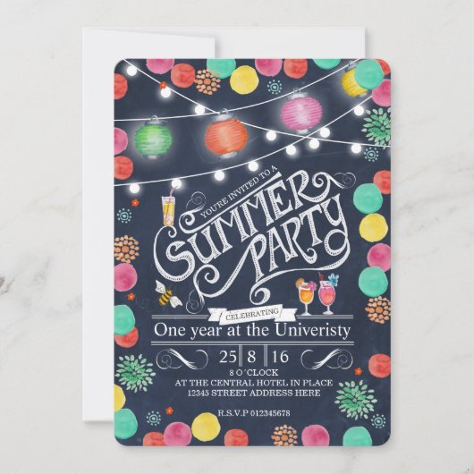 Stijlvolle zwarte zomerfeest Lampions Uitnodiging (Voorkant)