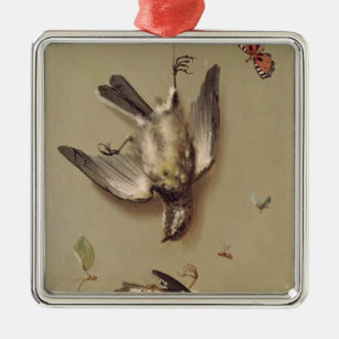 stil leven van dode vogels en kersen, 1712 metalen ornament
