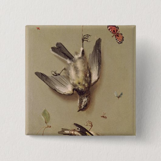 stil leven van dode vogels en kersen, 1712 vierkante button 5,1 cm (Voorkant)