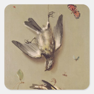 stil leven van dode vogels en kersen, 1712 vierkante sticker