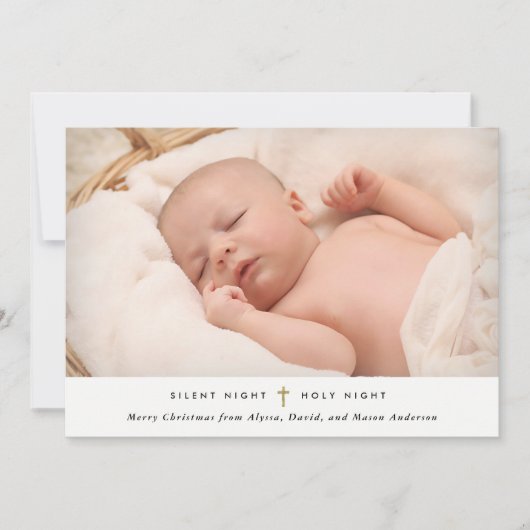 Stil nacht, Heilige nacht | Gold Cross en Foto Feestdagenkaart (Voorkant)