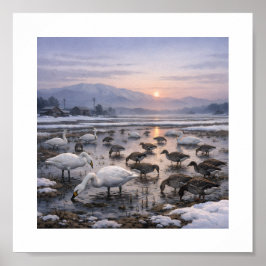 Stil water – zwanen en ganzen op een winterveld poster