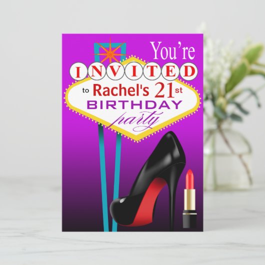 Stiletto en Lipstick Las Vegas Party paars Kaart (Staand voorkant)