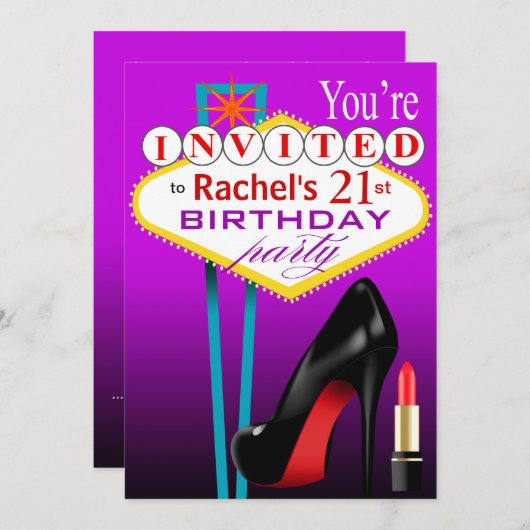 Stiletto en Lipstick Las Vegas Party paars Kaart (Voorkant / Achterkant)