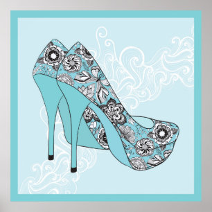 Stiletto Floral-schoten in blauw zwart-wit Poster