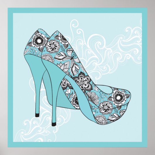 Stiletto Floral-schoten in blauw zwart-wit Poster (Voorkant)