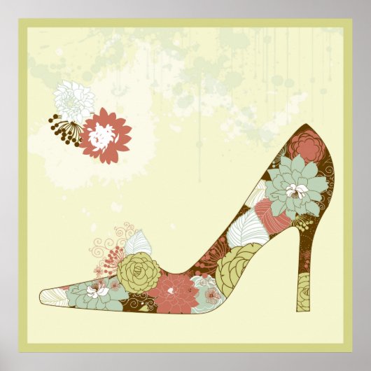 Stiletto Floral Shoes Beige Brown & Green Accent Poster (Voorkant)
