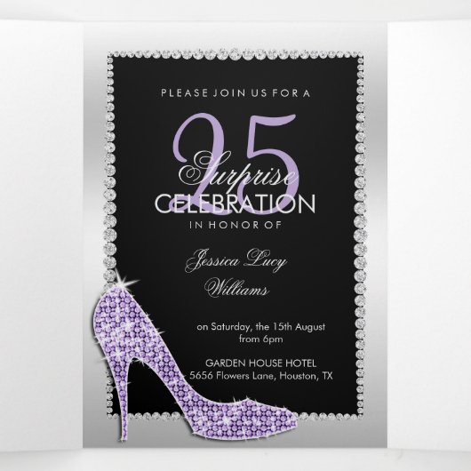 Stiletto, foto, QR-code 25e verrassingsverjaardag Drieluik Uitnodiging (Binnenkant midden)