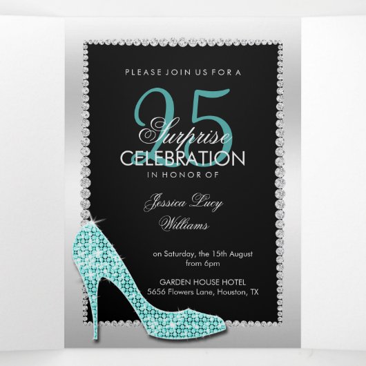 Stiletto, foto, QR-code 25e verrassingsverjaardag Drieluik Uitnodiging (Binnenkant midden)