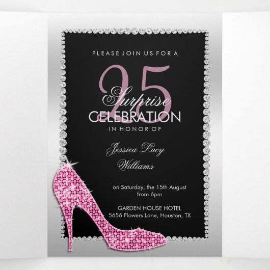 Stiletto, foto, QR-code 25e verrassingsverjaardag Drieluik Uitnodiging (Binnenkant midden)