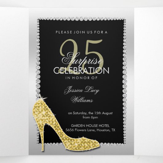 Stiletto, foto, QR-code 25e verrassingsverjaardag Drieluik Uitnodiging (Binnenkant midden)