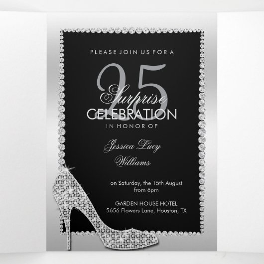 Stiletto, foto, QR-code 25e verrassingsverjaardag Drieluik Uitnodiging (Binnenkant midden)