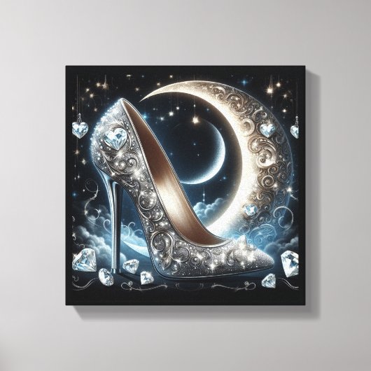 Stiletto hoge hakken met halve maan en diamant canvas afdruk (Voorkant)