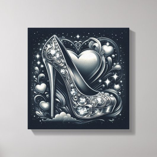 Stiletto hoge hakken met harten en diamanten canvas afdruk (Voorkant)
