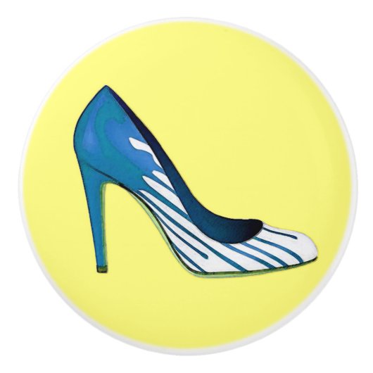 Stiletto-pomp, blauw op geel keramische knop (Voorkant)