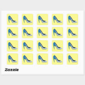 Stiletto-pomp, blauw op geel vierkante sticker (Vel)