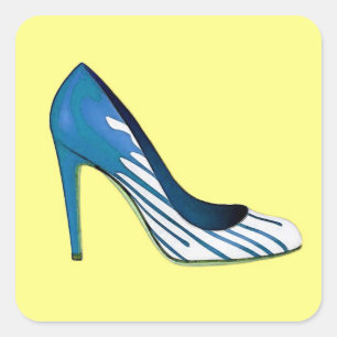 Stiletto-pomp, blauw op geel vierkante sticker