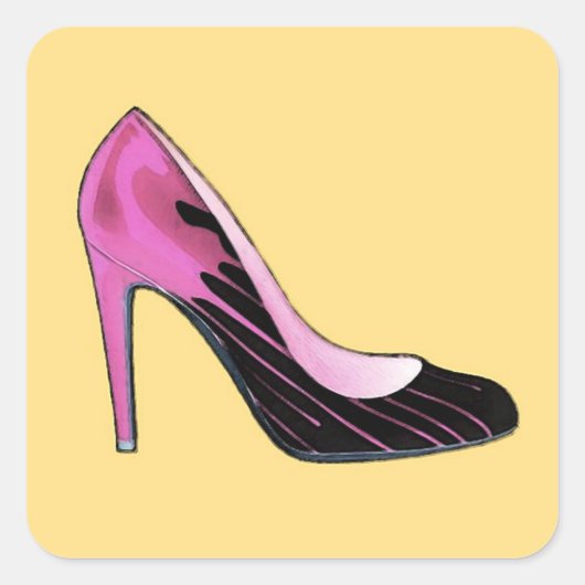 Stiletto-pomp, hete roze op sinaasappel vierkante sticker (Voorkant)