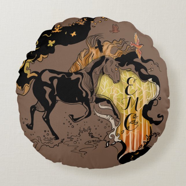 Stilgezette Silhouette Monogram Horse Rond Kussen (Voorkant)