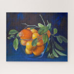 Still Life with Lemons and Orange Branch Legpuzzel<br><div class="desc">Add a burst of Mediterranean freshness to your space with this vibrant citrus still life. Featuring a glass bowl filled with sun-drenched lemons and a ripe orange on a leafy branch, this design stands out with its rich indigo-blue background and high-contrast color palette. Whether as a wall art print, a...</div>