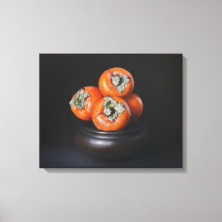 Still Life with Persimmons on Black Background Canvas Afdruk